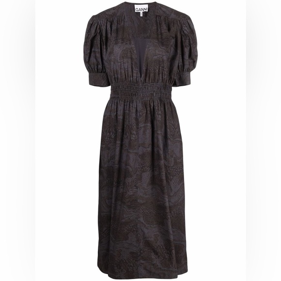 Ganni Dresses & Skirts - Ganni Abstract Print Organic Cotton Shirred Charcoal Midi Dress